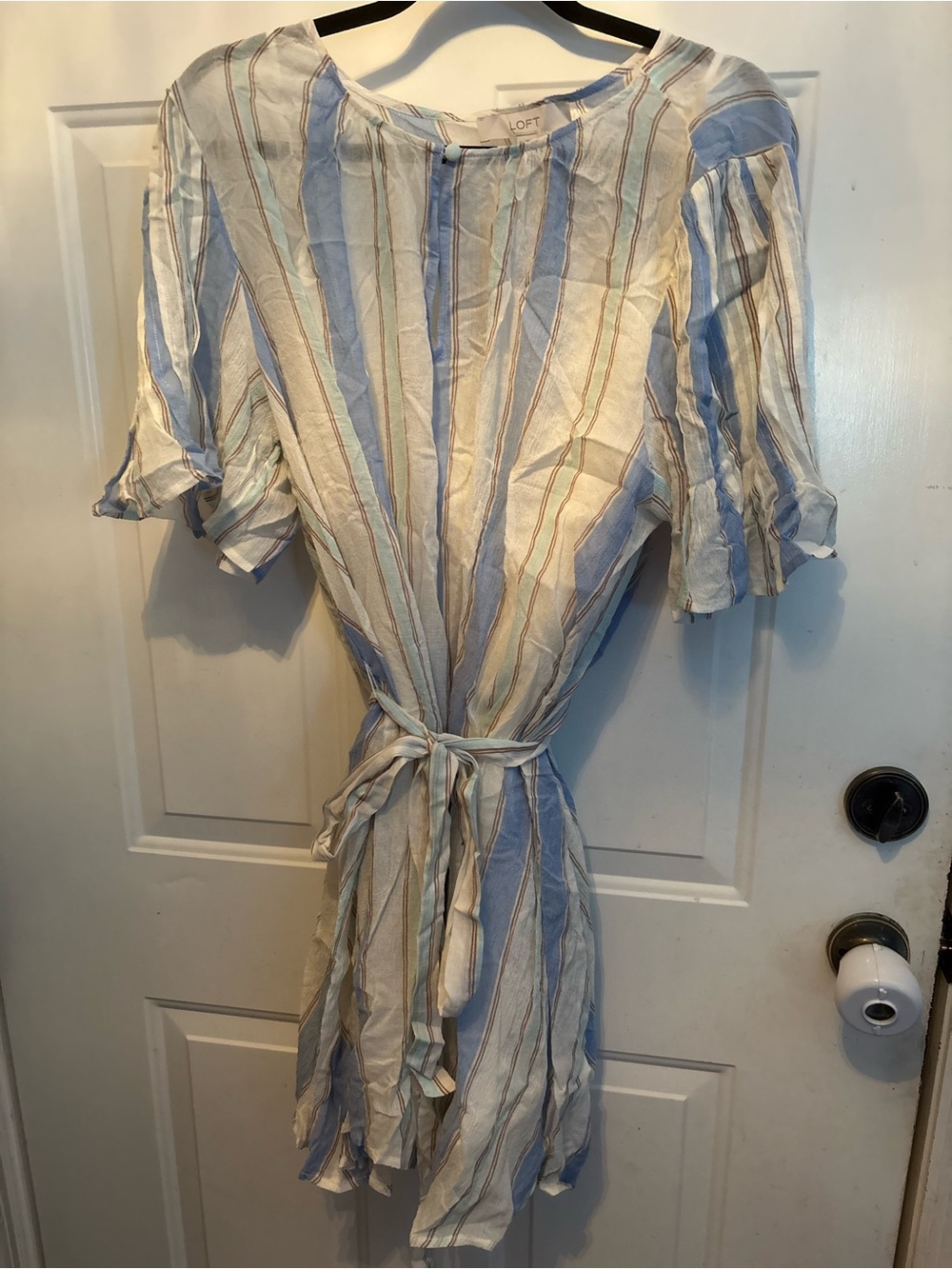 LOF Striped Tie-Front Summer Dress in Blue, Cream and Brown